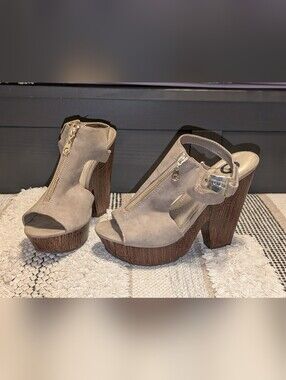 Guess Taupe Suede Platform Peep-Toe Slingback Heels